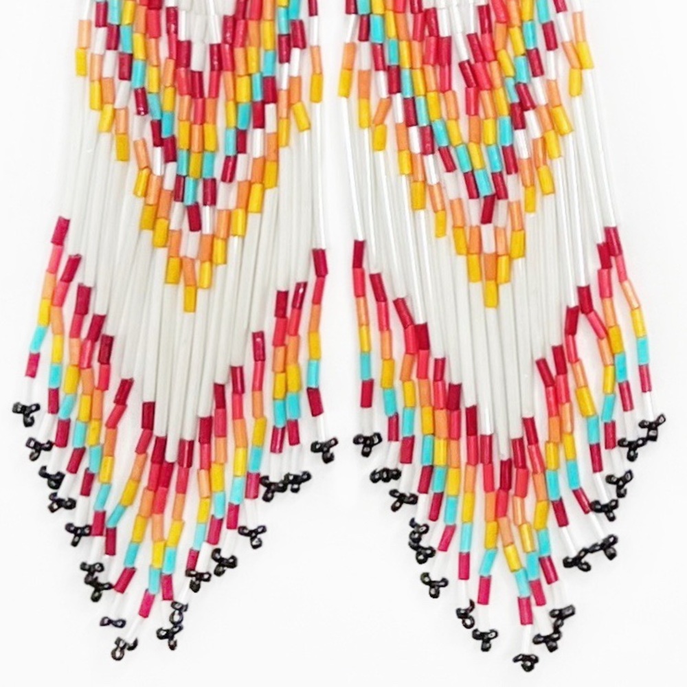 White Red Orange Turquoise Native American Tribal Boho Bead 8" Shoulder Earrings - Picture 6 of 6